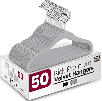Utopia Home Velvet Hangers - 50 Pack Non-Slip 11 Inch Baby & Toddler Closet Organizers | Grey