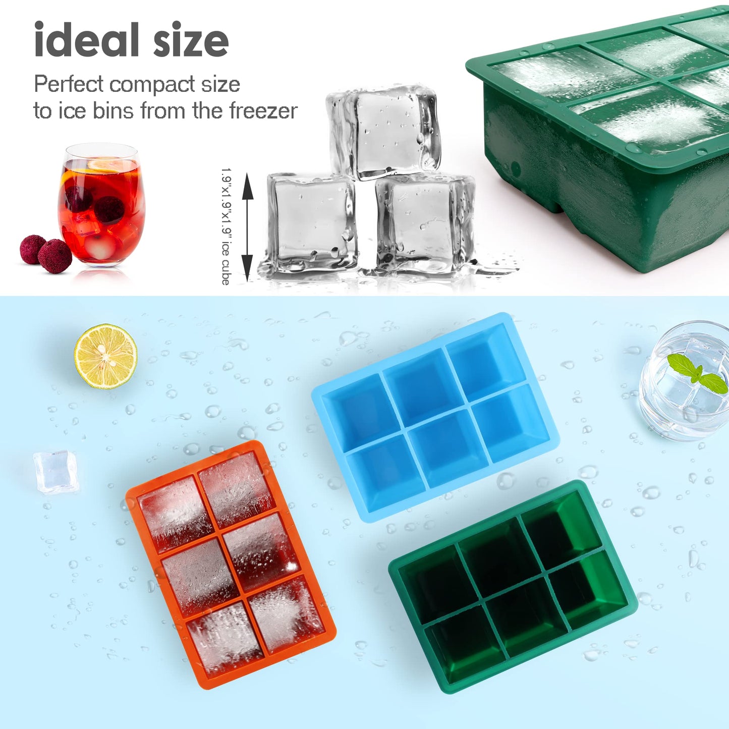 Excnorm Ice Cube Trays 3 Pack - Large Size Silicone Ice Cube Molds with Removable Lids Reusable and BPA Free for Whiskey, Cocktail, Stackable Flexible Ice