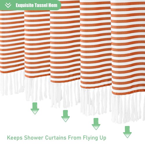 Dynamene Orange Fabric Shower Curtain, Farmhouse Boho Striped Tassel Shower Curtain for Bathroom, Bohemian Textured Cloth Shower Curtain Set with Hook, Water Repellent, Wrinkle Free, 72x72