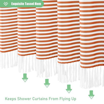 Dynamene Orange Fabric Shower Curtain, Farmhouse Boho Striped Tassel Shower Curtain for Bathroom, Bohemian Textured Cloth Shower Curtain Set with Hook, Water Repellent, Wrinkle Free, 72x72