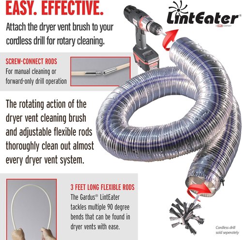 Gardus RLE202 LintEater Dryer Vent Cleaning Kit - Removes Lint, Extends Up to 12’ with 4 Flexible Rods