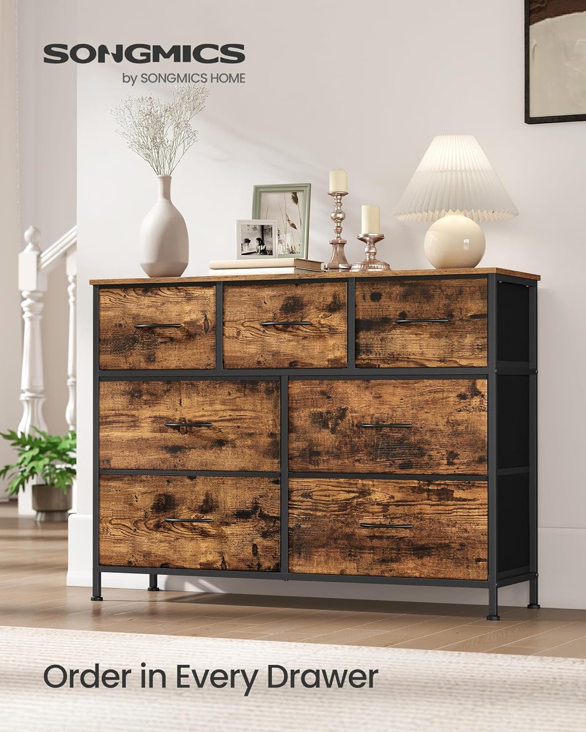 SONGMICS Dresser - 7-Drawer Storage Organizer Unit for Bedroom & Entryway - Rustic Brown & Ink Black