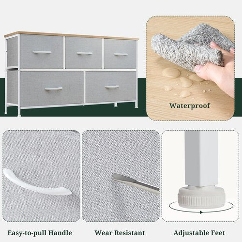 5-Drawer Dresser for Bedroom, Anti-Tip Wide Storage Organizer Fabric Chest of Drawers TV Stand for 45" TV with Wooden Top and Metal Frame for Closet, Living Room, Hallway, Entryway, Light Gray