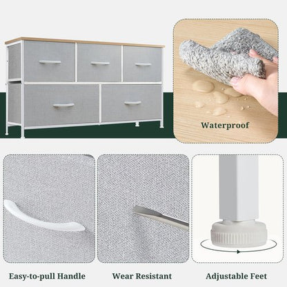5-Drawer Dresser for Bedroom, Anti-Tip Wide Storage Organizer Fabric Chest of Drawers TV Stand for 45" TV with Wooden Top and Metal Frame for Closet, Living Room, Hallway, Entryway, Light Gray