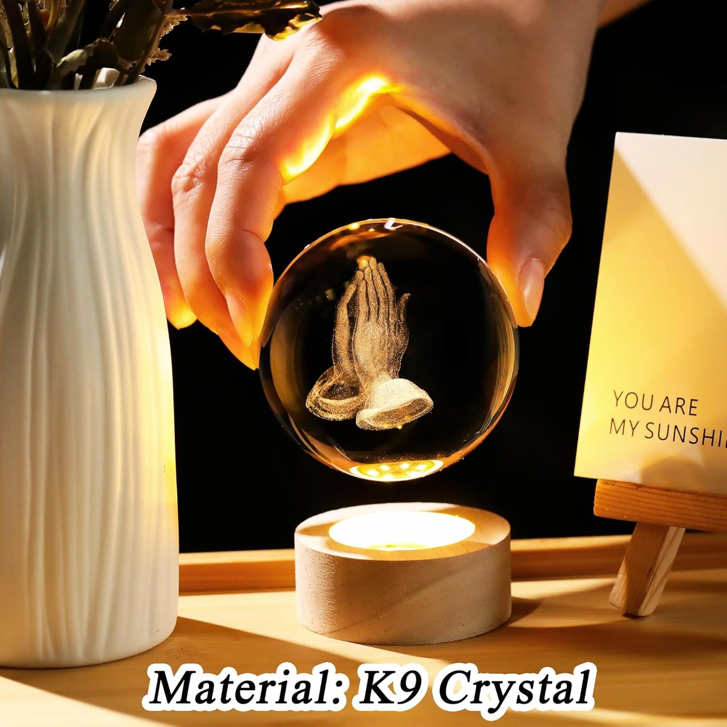3D Hands Prayer Crystal Ball by [Brand Name] - Religious Christian Glass Figurine Night Light | 2.36-Inch Wooden Base Home Decor Gift