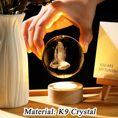 3D Hands Prayer Crystal Ball by [Brand Name] - Religious Christian Glass Figurine Night Light | 2.36-Inch Wooden Base Home Decor Gift