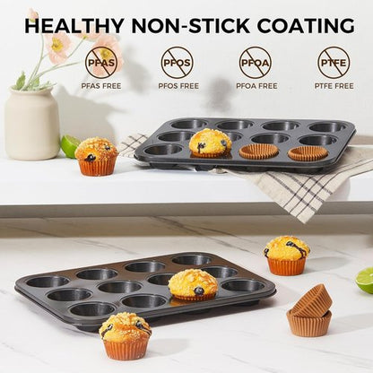 HONGBAKE Muffin Pans - Nonstick 12-Cup Cupcake Baking Tray with 120 Natural Liners | Dark Grey, 2 Pack