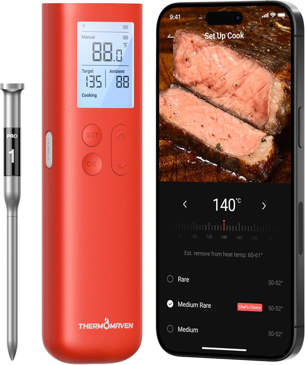 ThermoMaven Smart Bluetooth Meat Thermometer - 10X Enhanced Signal, WiFi Unlimited Range, Certified Accuracy ±0.5°F
