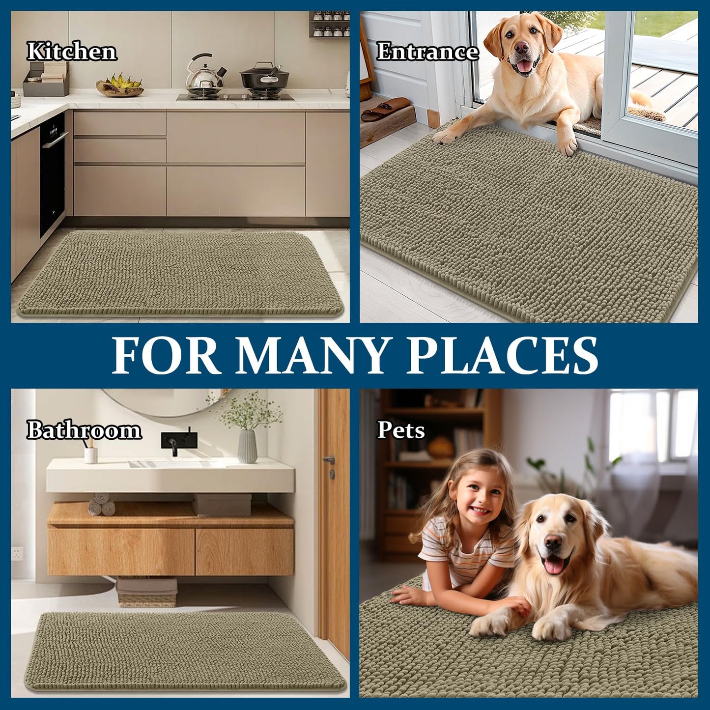 OLANLY Dog Door Mat for Muddy Paws 40x32, Absorbs Moisture and Dirt, Absorbent Non-Slip Washable Doormat, Quick Dry Chenille Mud Mat, Entry Indoor Entryway Carpet for Inside Floor, Warm Taupe