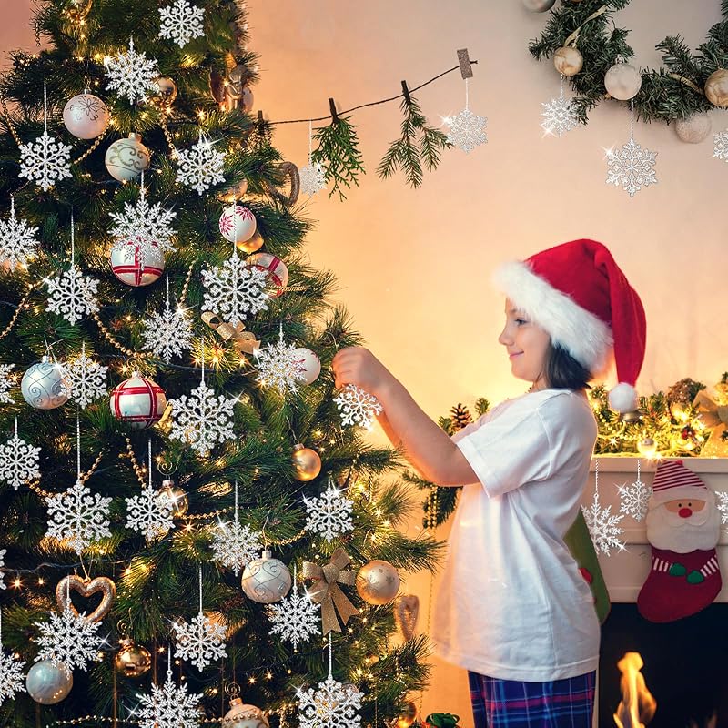 36Pcs Silver Glitter Snowflake Ornaments - 2 Sizes, 2 Patterns with Hanging Rope, Christmas Tree Decorations