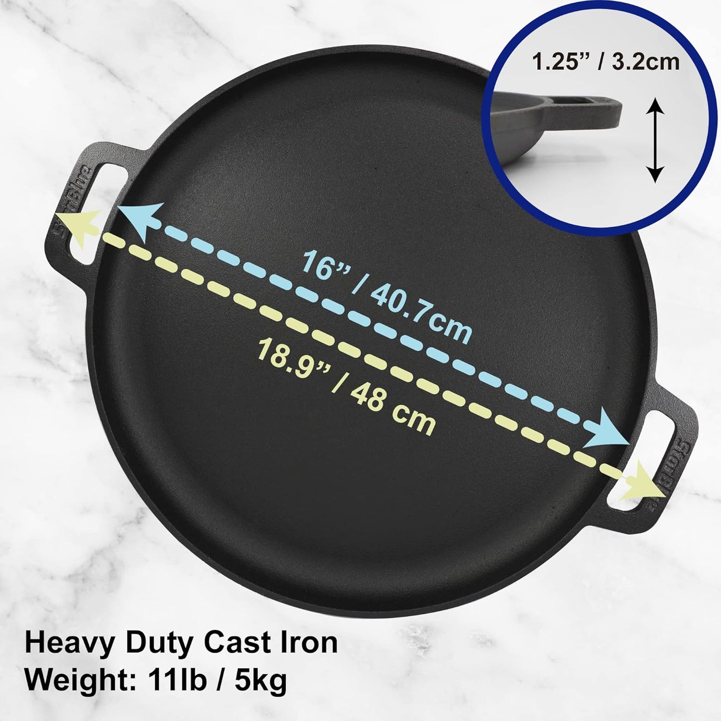 StarBlue 16-Inch Cast Iron Pizza Pan - Pre-Seasoned Griddle with Free Silicone Handles & Recipe Ebook | Ideal for Baking & BBQ