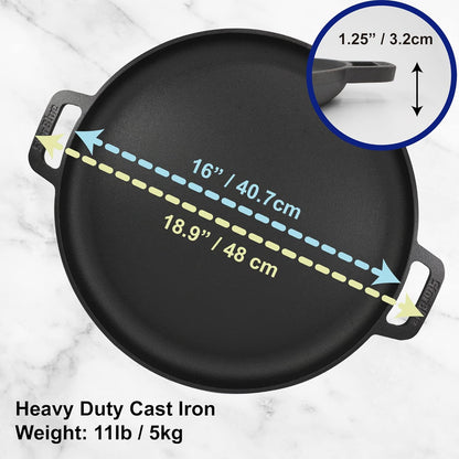 StarBlue 16-Inch Cast Iron Pizza Pan - Pre-Seasoned Griddle with Free Silicone Handles & Recipe Ebook | Ideal for Baking & BBQ