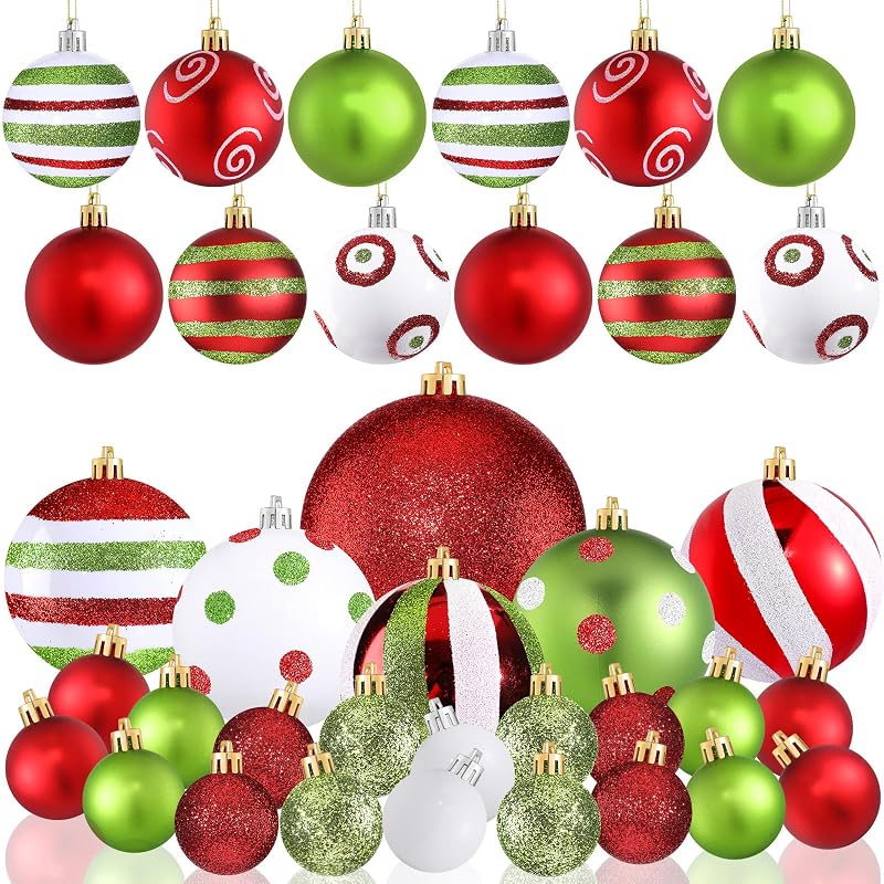 Christmas Ball Ornaments Set - 36 Pcs Red & Green, Glitter & Swirl Design