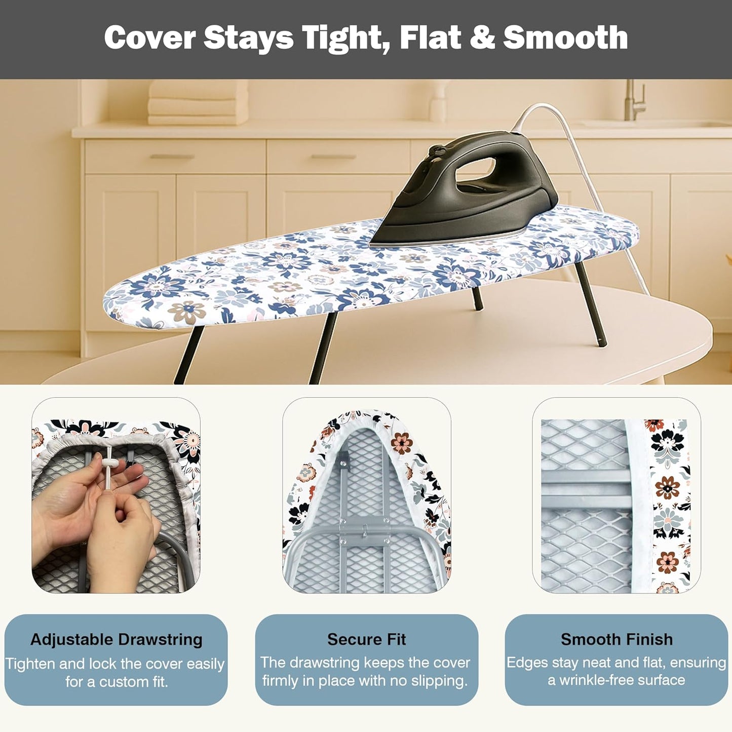 UniSimp Small Ironing Board Cover - Heat Resistant Cotton Canvas with Padding | 12.5"x30" Floral Design