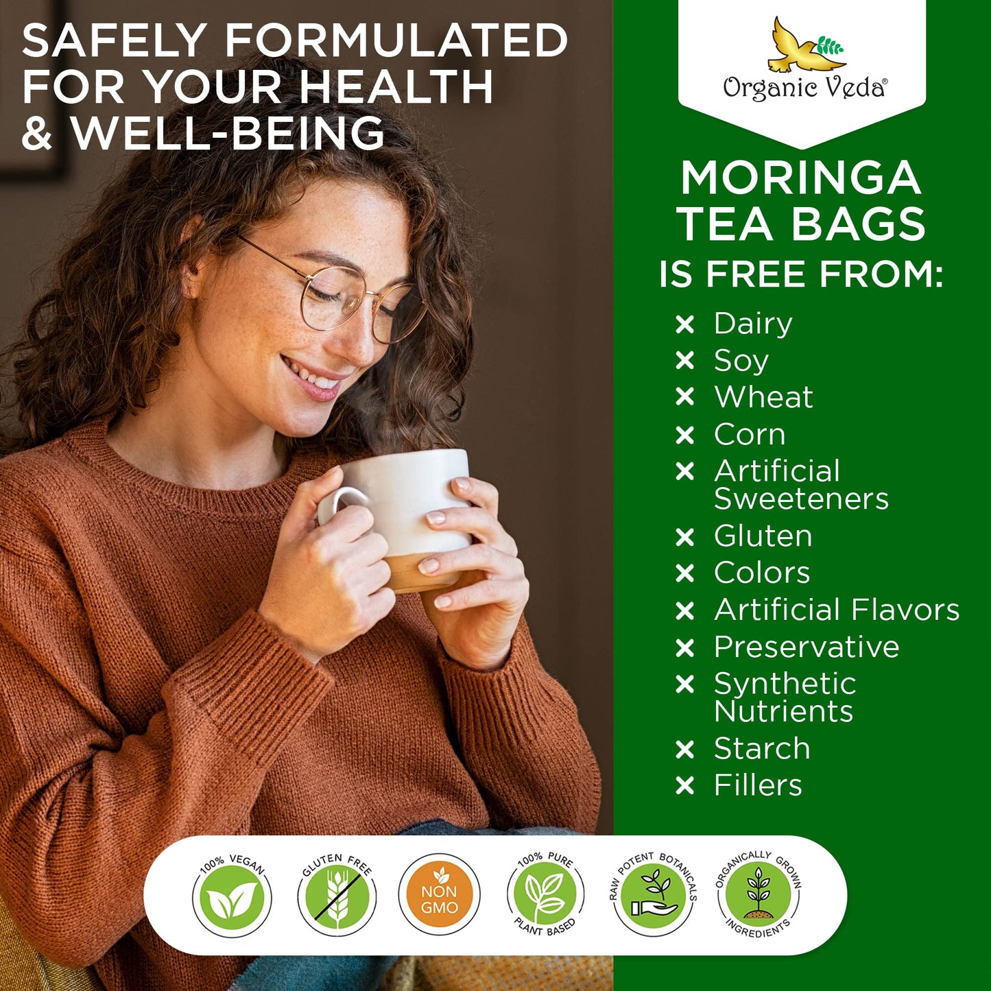 Organic Veda Moringa Tea Bags, Premium Dried Moringa Leaf Tea for Overall Wellness, Non-GMO, Caffeine-Free, & Gluten-Free Organic Tea, 120 Tea Bags