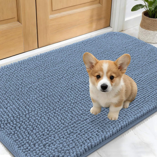 OLANLY Dog Door Mat - Absorbent Non-Slip Chenille for Muddy Paws | 24x16, Quick Dry Indoor Entryway Carpet, Airy Blue