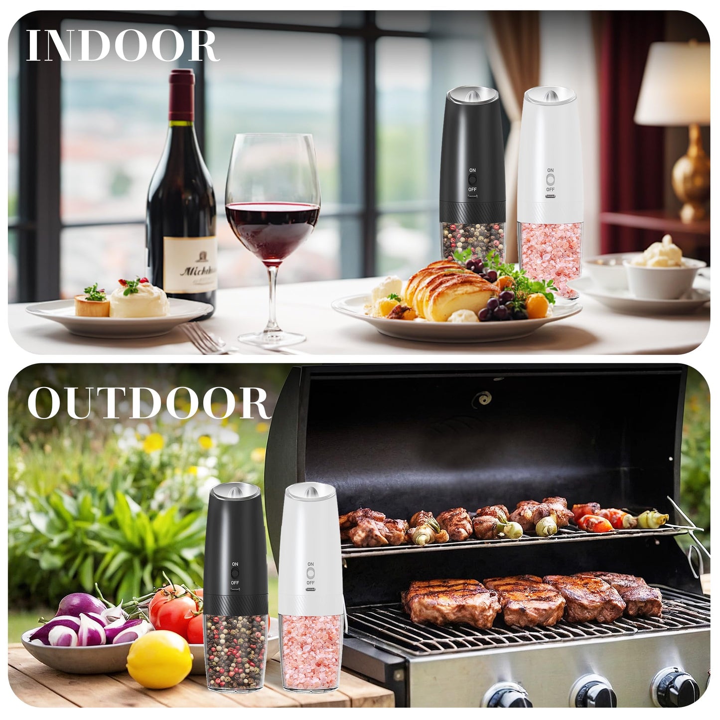 UNNEES Rechargeable Salt And Pepper Grinder Set Electric, Gravity Electric Salt And Pepper Grinder Set Electric, Salt And Pepper Shakers Set Electric, Adjustable Coarseness, LED Light, (Black+White)