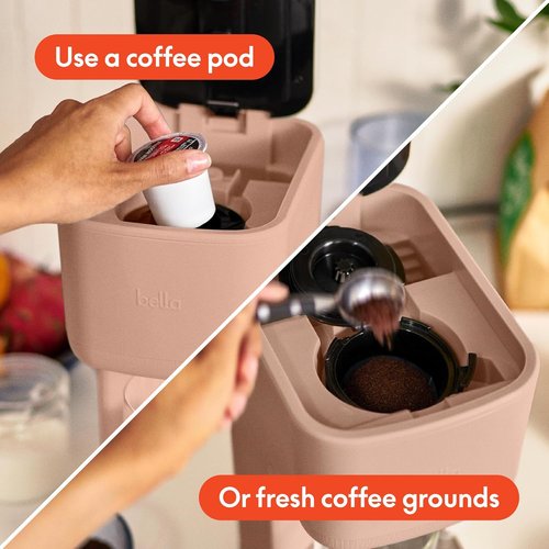 BELLA Single Serve Coffee Maker - K Cup & Ground Coffee Compatible | Adjustable Drip Tray, Auto Shutoff, 6oz to 14oz Brews