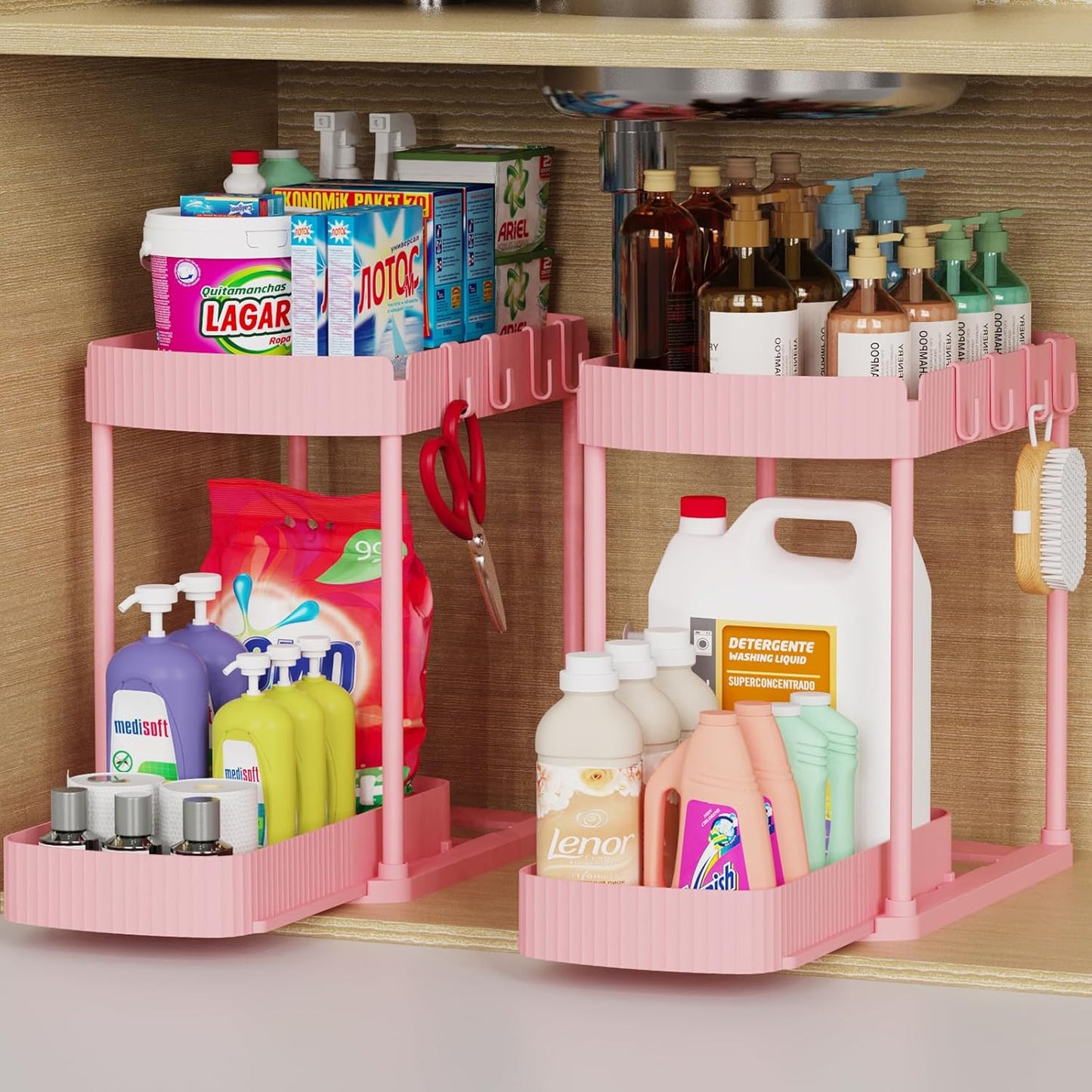 Ukeetap Multi-Purpose Pull-Out Storage Organizers - 12.8 Inch Under Sink & Cabinet - Pink (2 Pack)