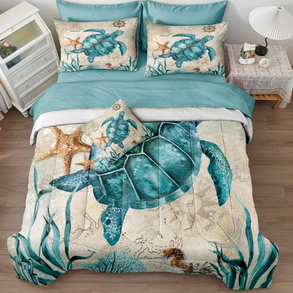 Merryword 8 Pieces Blue Green Comforter Set California King Size Ocean Life Bed in a Bag Turtle Beach Bedding Set Hawaii Style Summer Lightweight Bedding Comforter Set