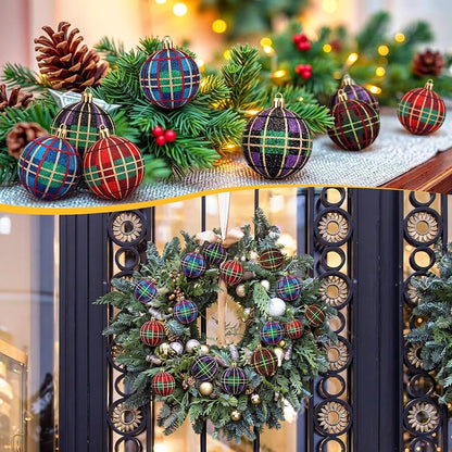 christmas plaid foam ball ornaments, 12pcs, 2.4" - glossy tartan holiday decorations (Plaid variation)