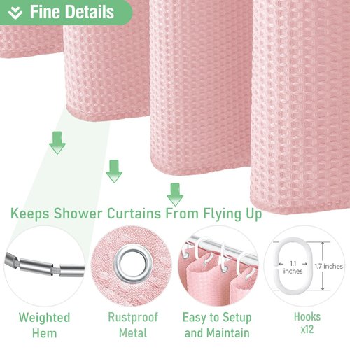 Dynamene Extra Long Fabric Shower Curtain - Waffle Weave 90 Inches Long Heavy Duty Cloth Shower Curtains for Bathroom, 256GSM Tall Hotel Luxury Bath Curtain Set with 12 Plastic Hooks, Pink