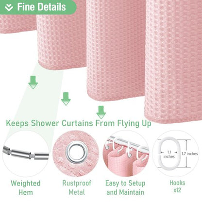 Dynamene Extra Long Fabric Shower Curtain - Waffle Weave 90 Inches Long Heavy Duty Cloth Shower Curtains for Bathroom, 256GSM Tall Hotel Luxury Bath Curtain Set with 12 Plastic Hooks, Pink