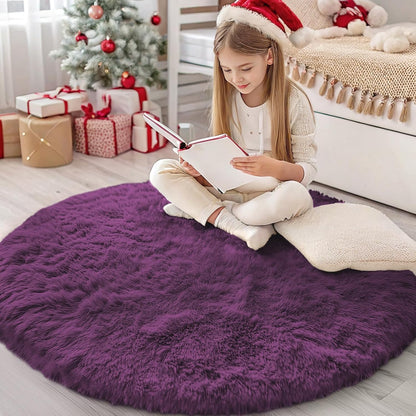 OLANLY Dark Purple Round Rug - Soft, Fluffy Shaggy Carpet | 4 ft Machine Washable Area Rug for Bedroom & Living Room