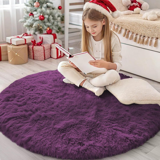 OLANLY Dark Purple Round Rug - Soft, Fluffy Shaggy Carpet | 4 ft Machine Washable Area Rug for Bedroom & Living Room