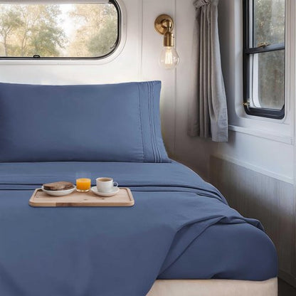 Hearth & Harbor Short Queen Sheets for RV, Navy Blue RV Queen Sheets, Silky Soft 1800 Microfiber Bed Sheet for Camper, 4 Piece RV Bedding with Pillowcases