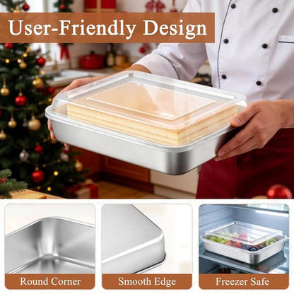 LIANYU Stainless Steel Baking Pan Set - 12⅓ x 9¾ x 2 Inch Rectangle Bakeware with Lids, Non-Toxic & Dishwasher Safe (2 Pans + 2 Lids)