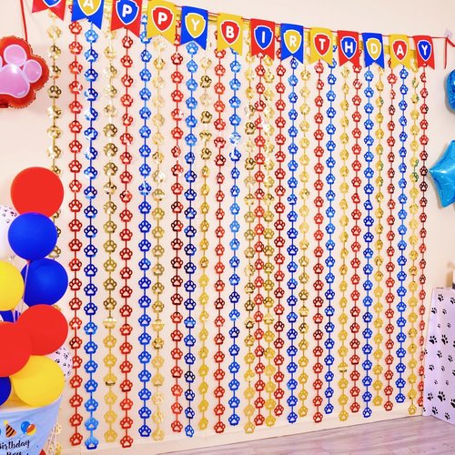 LOLStar Paw Birthday Decorations - 2 Pack Red, Yellow & Blue Tinsel Foil Fringe Curtains | 3.3 x 6.6ft Photo Booth Props & Room Decor