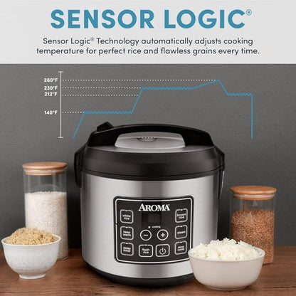 Aroma Housewares Digital Rice Cooker - 20 Cup Capacity, Slow Cooker & Food Steamer, Stainless Steel Exterior, Black