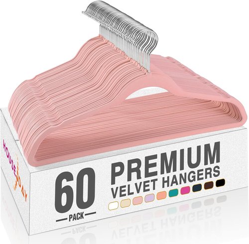 HOUSE DAY Velvet Hangers - 60 Pack Non-Slip Heavy Duty Felt Suit Hangers | Lt Pink, 360° Rotating Hook