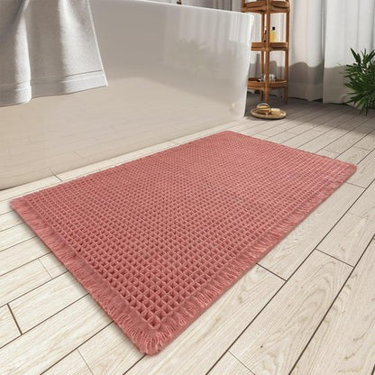 AMOAMI Upgraded Waffle Bath Mat, Super Absorbent Non Slip Bath Mats for Bathroom Floor, Machine Washable Bathroom Rugs with Tassels, Rubber Backed Bathroom Mats, Ultra Soft, 18" x 30", Coral