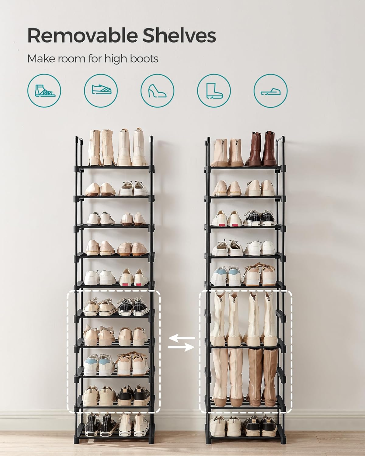 SONGMICS 10-Tier Shoe Rack - Versatile Metal Organizer for 11-22 Pairs | Black, 11.8 x 17.7 x 68.5 Inches