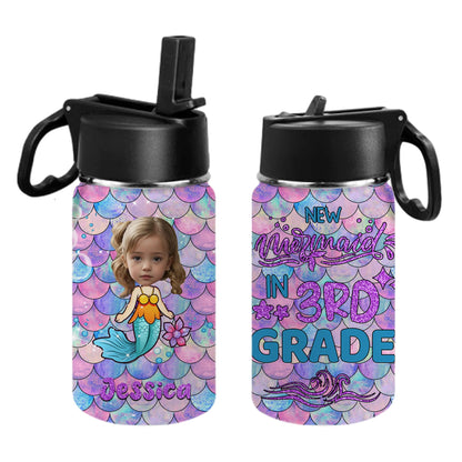 Custom Kids Water Bottle with Straw Personalized Mermaid Rainbow Fish Scales Water Cup with Kids Name Customized Mermaid Water Bottle Gift for Girls Daughter Granddaughter Children School Birthday12oz