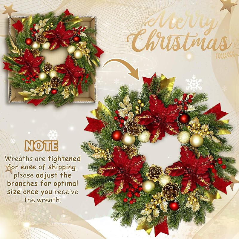 Red 24-Inch Christmas Wreath with Lights & Poinsettias - Pre-Lit