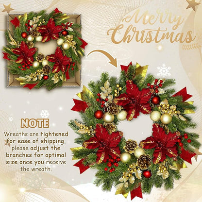 Red 24-Inch Christmas Wreath with Lights & Poinsettias - Pre-Lit