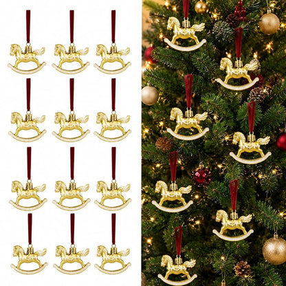 12 Pcs Christmas Rocking Horse Ornaments with Ribbon