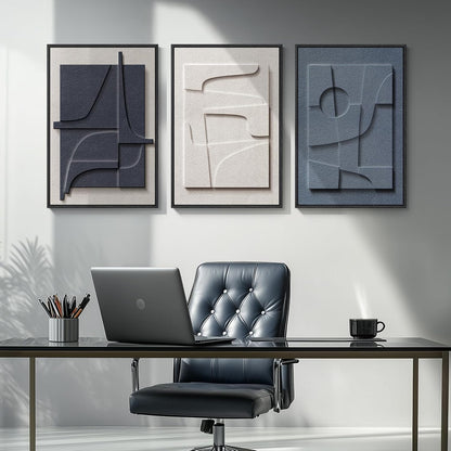 3D Textured Framed Blue and White Abstract Wall Art - Modern 3-Piece Geometric Artwork | 16x24 In for Living Room, Bedroom, Office