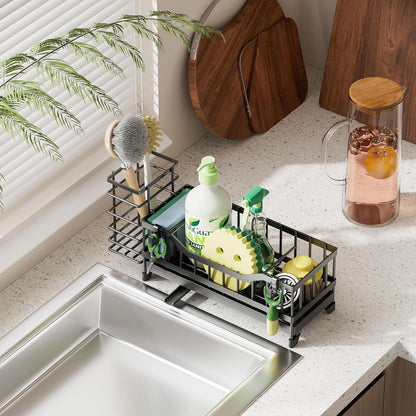 Skiennix Kitchen Sink Caddy - Rustproof Stainless Steel Sponge Holder & Dish Brush Organizer | Black