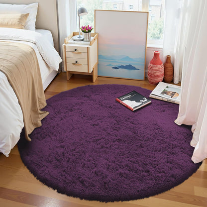 OLANLY Dark Purple Round Rug - Soft, Fluffy Shaggy Carpet | 4 ft Machine Washable Area Rug for Bedroom & Living Room