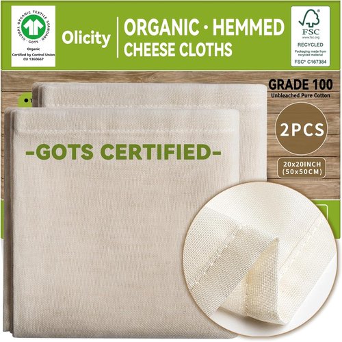 GOTS Certified Organic Cheese Cloths - 100% Cotton Muslin Straining Cloths | 20x20 Inch, 2 Pack