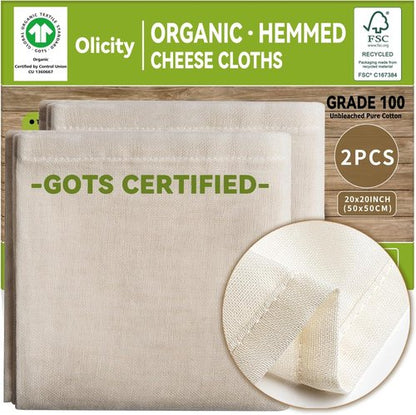 GOTS Certified Organic Cheese Cloths - 100% Cotton Muslin Straining Cloths | 20x20 Inch, 2 Pack