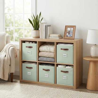 DECOMOMO Storage Bins - Fabric Cube Storage Bins with Labels | 10.5" x 11" | Set of 6, Sage Green