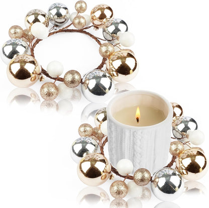 Regine Switzerland Christmas Ball Candle Rings - Glitter Gold & Silver | 3.2 Inch Pillar Candle Holders for Rustic Winter Decor
