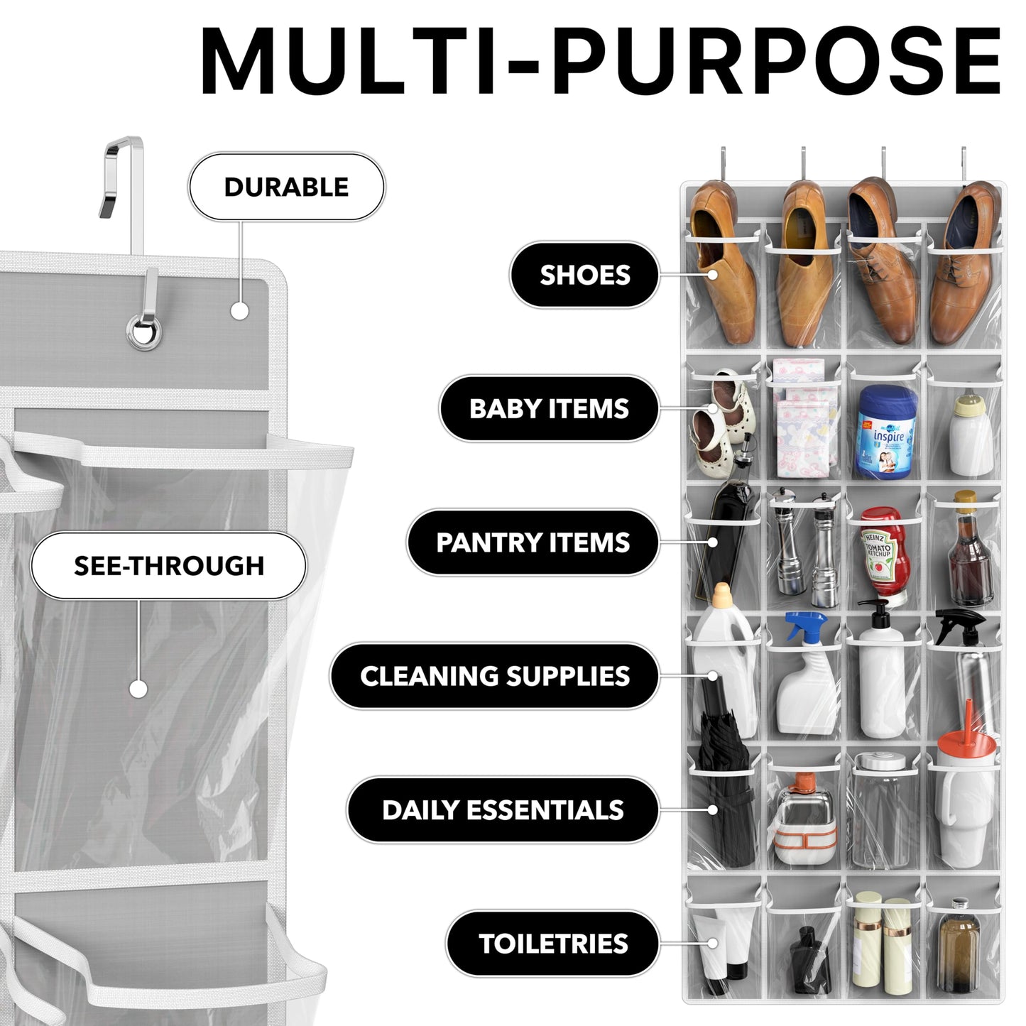 Simple Houseware 24 Pockets Large Clear Pockets Over The Door Hanging Shoe Organizer, Gray (56" x 22.5")
