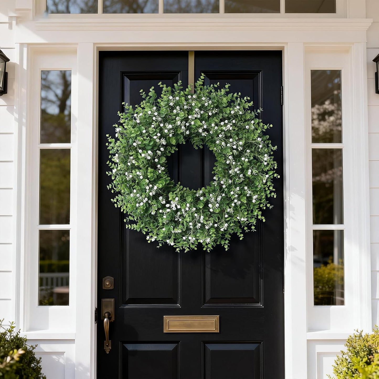 Skiennix 26" Artificial Eucalyptus Wreath - Faux Greenery with Baby's Breath for Front Door Decor