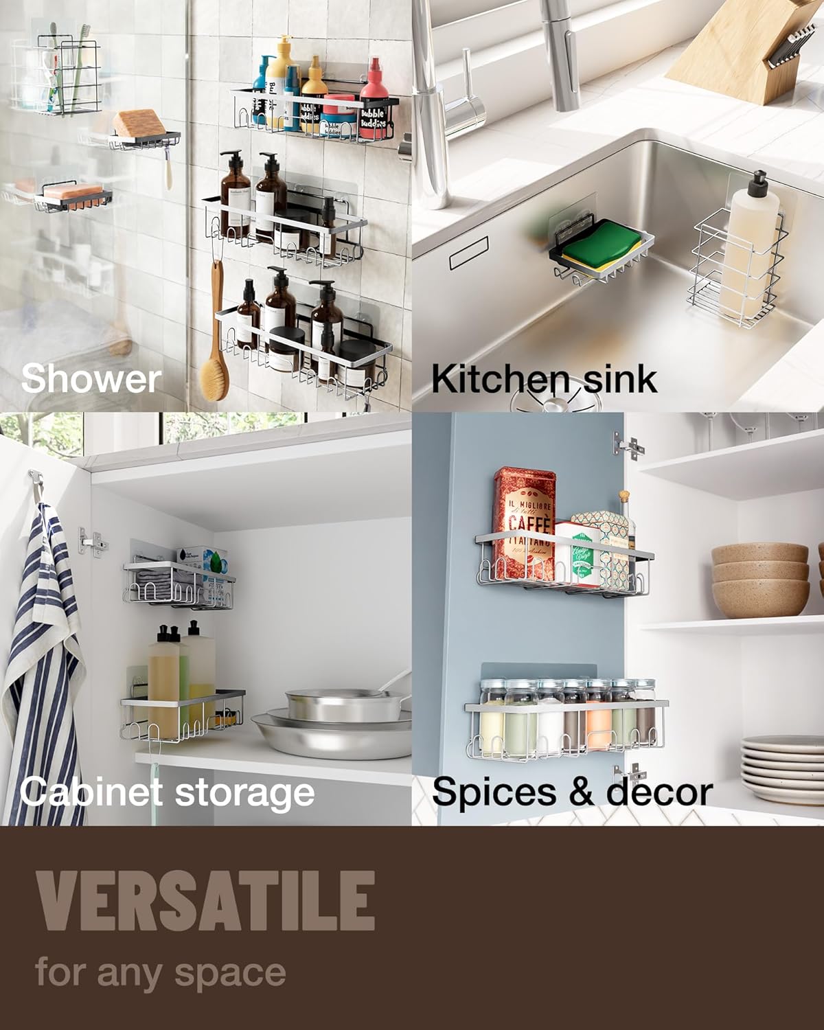 Veken Adhesive Shower Caddy - Heavy-Duty Wall-Mounted Shelves | 5-Pack Organizer with Soap Dish & Toothbrush Holder - Silver